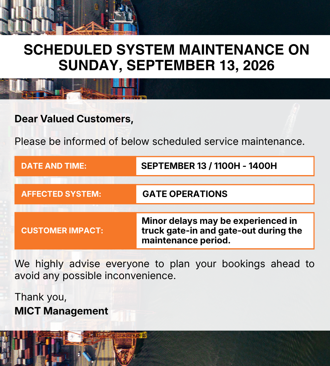 Advisory Scheduled System Maintenance on Sunday, September 13, 2026